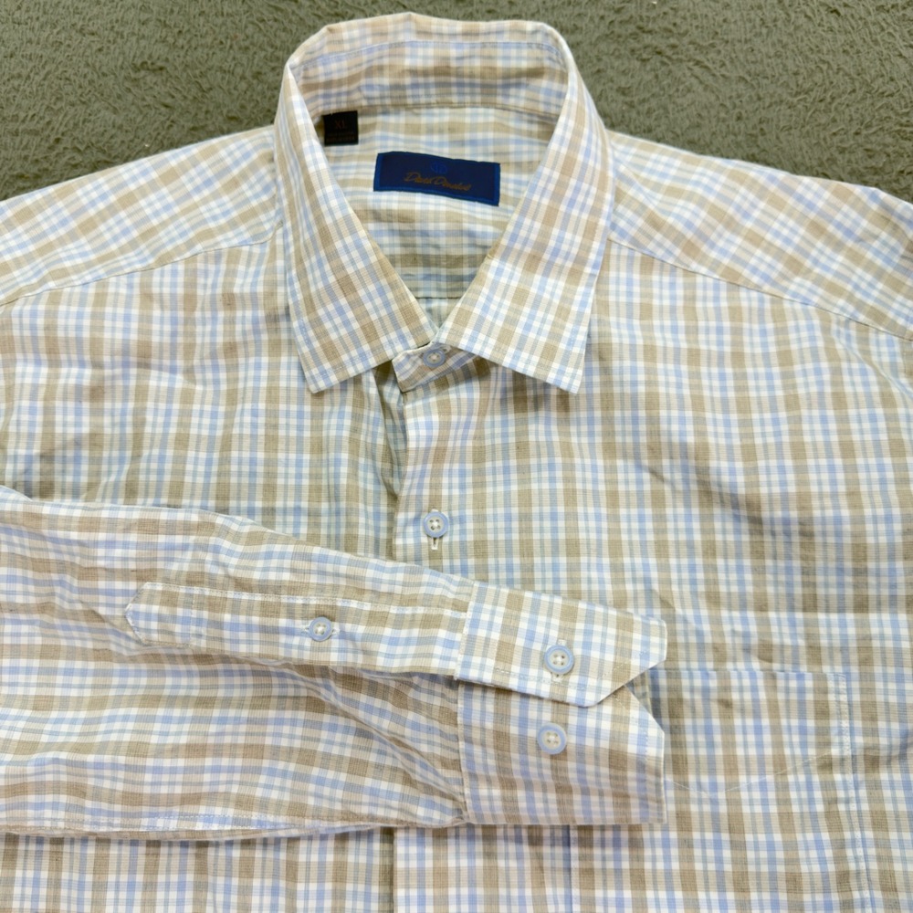 David Donahue Mens XL Blue Tan Plaid Cotton Long Sleeve Button Down Shirt
